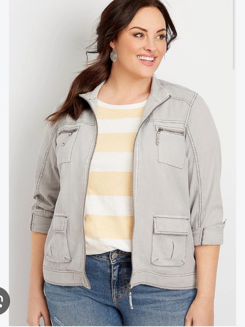 Maurices Sz 2  Light Gray Utility Jacket with Zip & Pockets